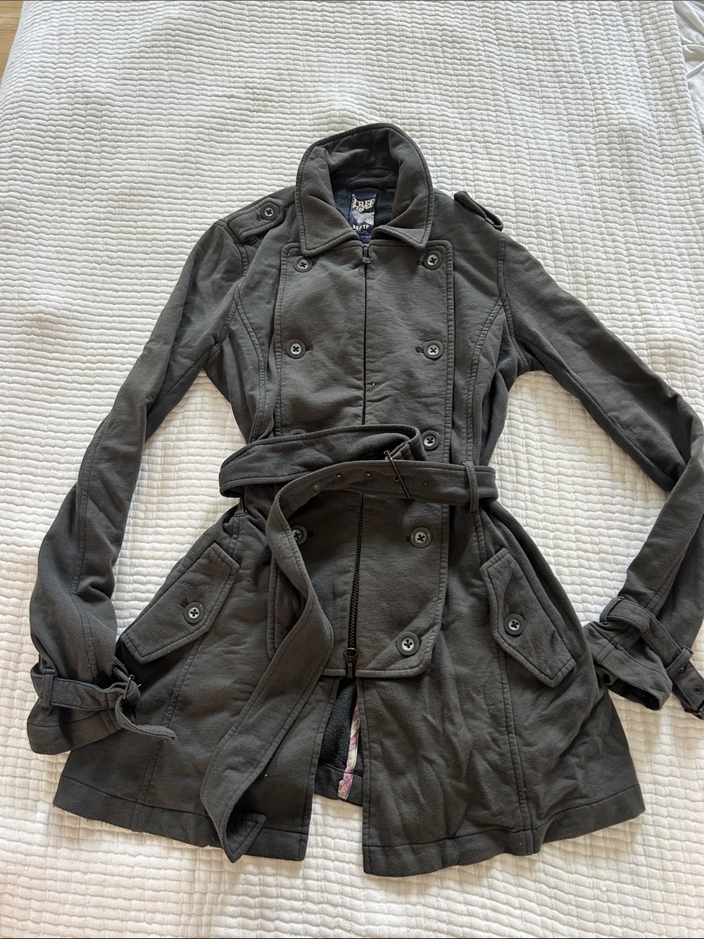 Free People Dark Gray Double-Breasted Trench Coat with Belt